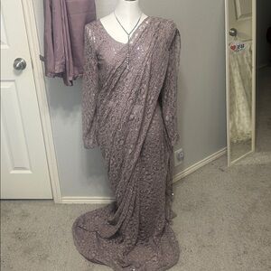 Saree Sequin Lace in Mauve. Pre pleated. Ready long sleeve blouse M